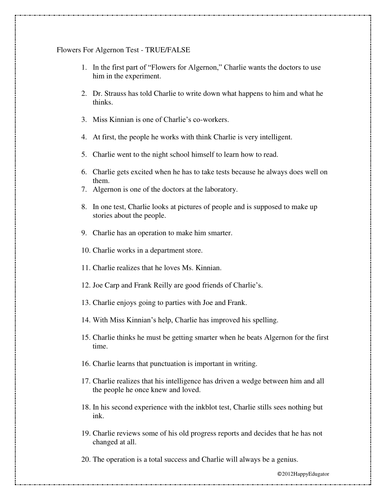 Worksheets Flowers For Algernon Worksheets flowers for algernon true falsetest by happyedugator teaching resources tes