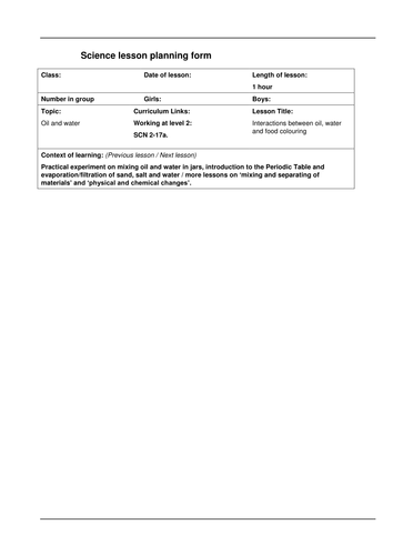 Primary Science Chemistry oil and water experiment work booklet / lesson plan CfE level 2: SCN 2-17a