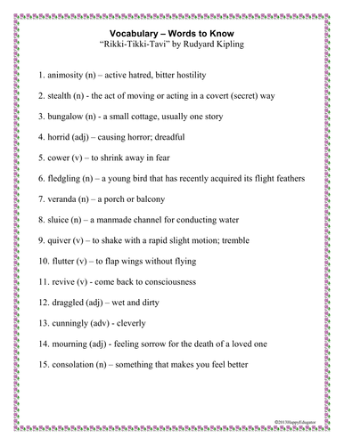 Printables Rikki Tikki Tavi Worksheets rikki tikki tavi vocabulary activities by happyedugator teaching resources tes
