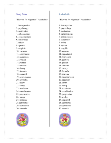 Flowers For Algernon Vocabulary List And Study Guide Teaching Resources