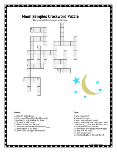 Moon Crossword Puzzle Moon Samples Teaching Resources