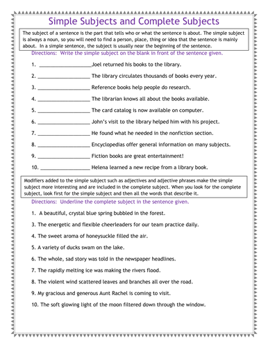 Simple Subjects and Complete Subjects Worksheet