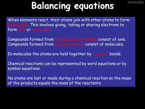 Balancing Equations, Fundamental Chemistry Lesson 3 (AQA 1.1.3) Complete lesson.