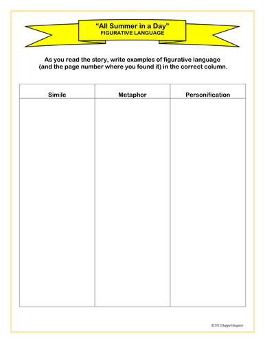 All Summer in a Day by Ray Bradbury Figurative Language Chart