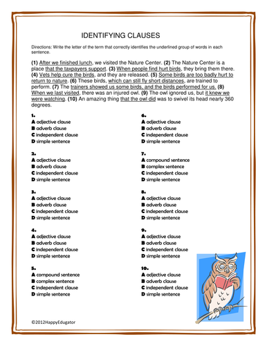 Clauses: Identifying Clauses Worksheet or Quiz