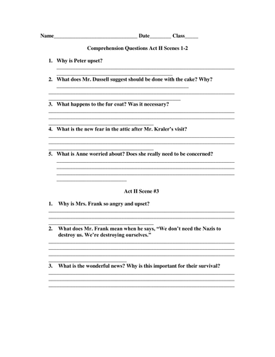 Diary of Anne Frank Act II Scenes 1-5 Comprehension Questions
