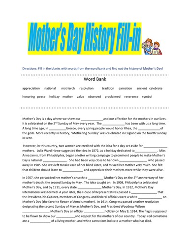 Mother's Day History Fill In