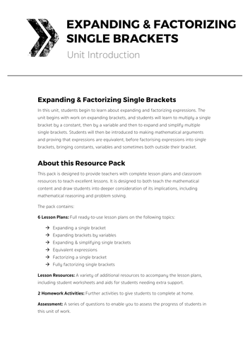 Expanding & Factorizing Single Brackets - Complete Unit of Work