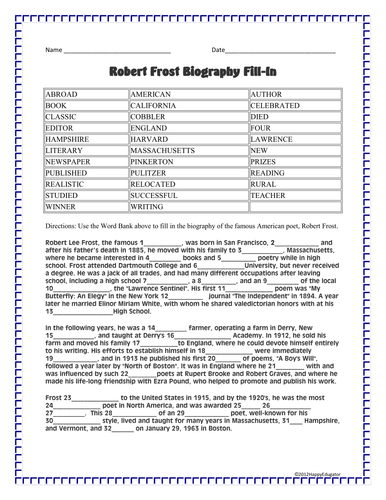 Robert Frost Biography Fill in and Word Search Activity