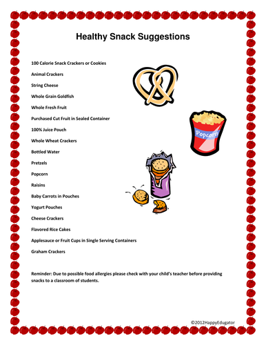 Beginning of the Year Healthy Snack Suggestions Handout
