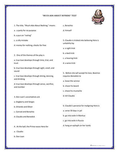 Much Ado About Nothing by Shakespeare TEST