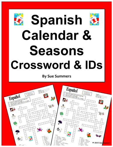 Spanish Calendar Crossword Puzzle, IDs, and Vocabulary - Days, Months, Seasons