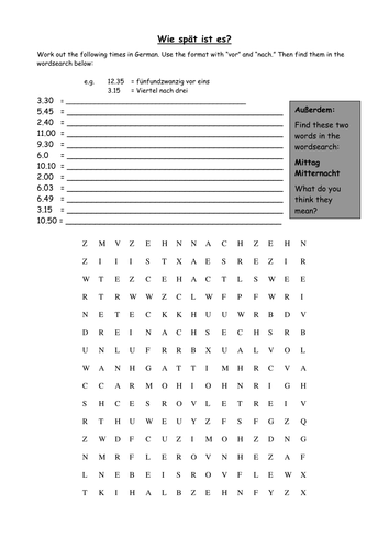 German: Time Worksheet and Wordsearch