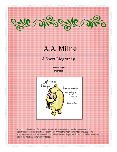 A. A. Milne Biography Activity and Constructed Response  - US Version