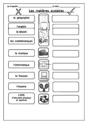 FRENCH - School Subjects - Les Matières Scolaires - Worksheets