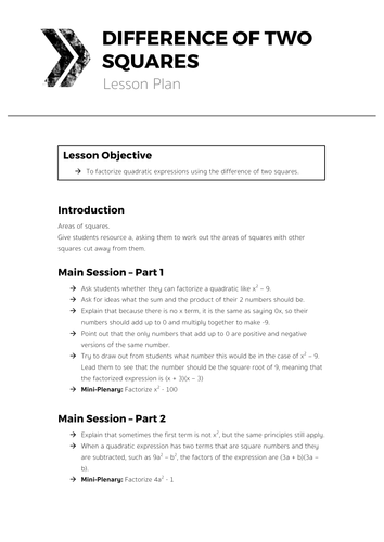 Difference of Two Squares - Complete Lesson | Teaching Resources