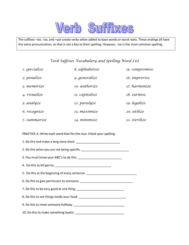 Verb Suffixes Vocabulary and Spelling Worksheet 