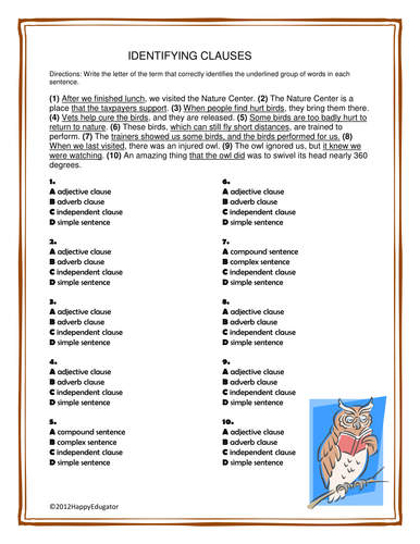 Clauses - Identifying Clauses Worksheet or Quiz