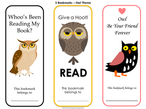 owl bookmarks set of six teaching resources