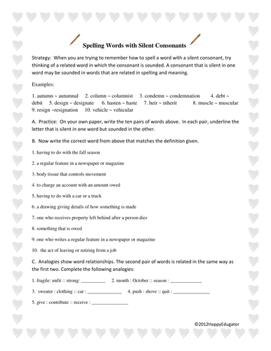 Spelling Words with Silent Consonants Worksheet