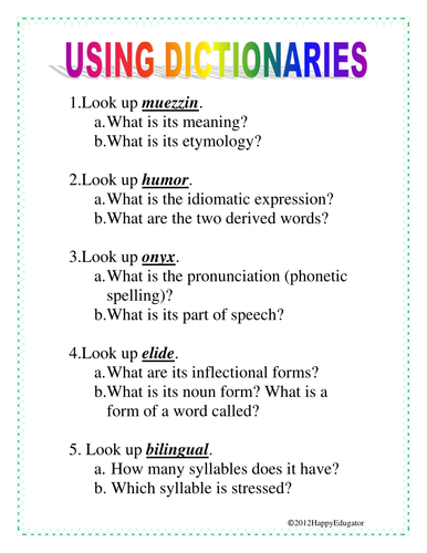 Using Dictionaries Practice Sheet 