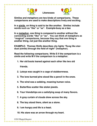 Likenesses - Similes and Metaphors Worksheet 