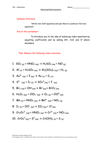 'AS' - Chemistry: Balancing Redox Equations Worksheet (With Answers