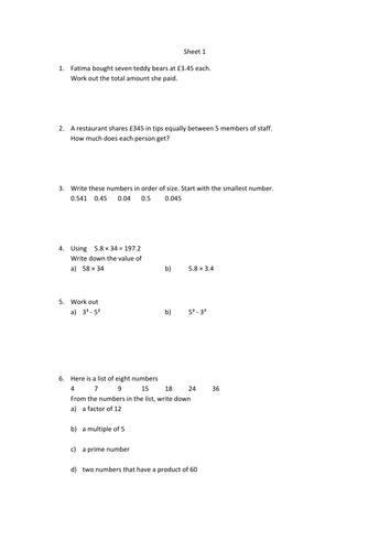 GCSE Non-Calculator Revision Sheets