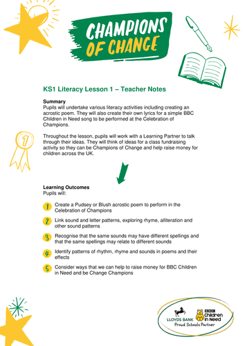 BBC Children in Need KS1 English/Literacy Lesson – Teacher Notes