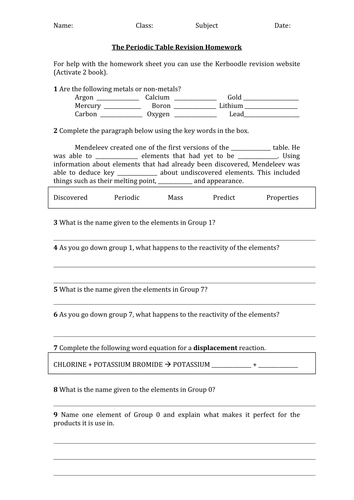 periodic table year 8 revision teaching resources