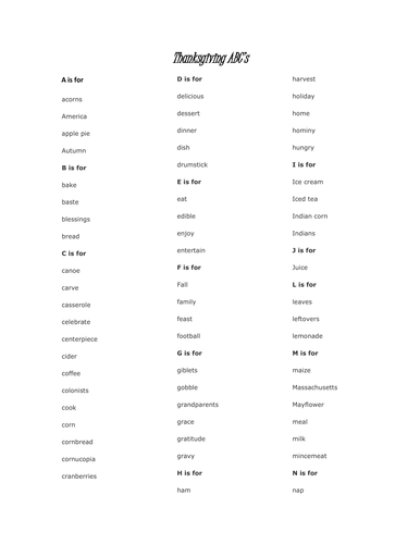 Thanksgiving Word List Pdf