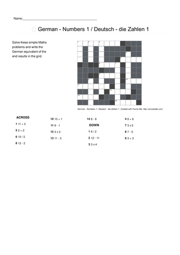 German Vocabulary - Numbers Parts 1 and 2 Crossword Puzzles