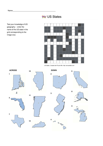 US States and Capitals Crossword Puzzles