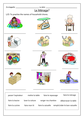 FRENCH - Household Chores - Le Ménage - Worksheets | Teaching Resources