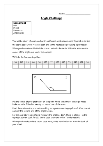 Measuring Angles Code Breaker Teaching Resources