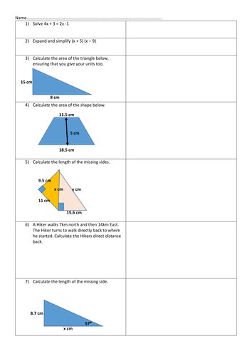 Worksheet on Trigonometry and Pythagoras