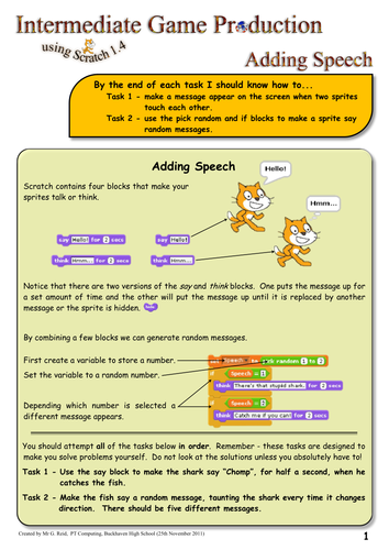 Extension Worksheets for Creating a Computer Game using Scratch