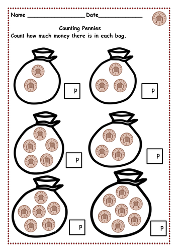 money counting pennies up to 10p and then 15p20p 30p using 1p 2p