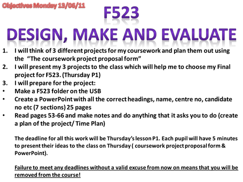 OCR A Level Product Design F523 Student guide Design, Make and Evaluate
