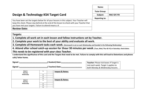 KS4 Design & technology Target Card Intervention