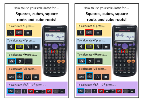 How to use your calculator help sheet for squares, cubes, square roots