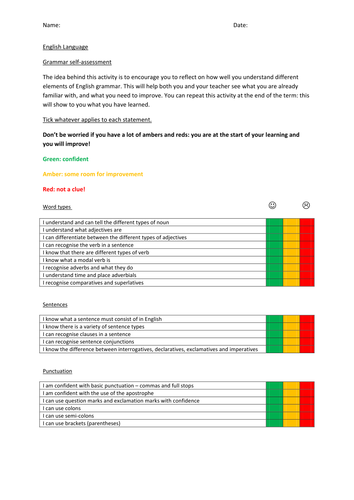 Red-Amber-Green Grammar Self-Assessment by KeriLO - Teaching Resources ...