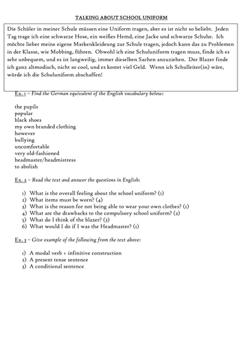 GCSE German - Talking About School Uniform