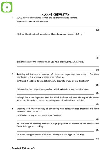 Chemistry: Alkanes, Alkenes and Haloalkanes Collection A  Level Year 1