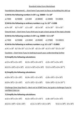 Standard Index Form differentiated worksheet + ANSWERS