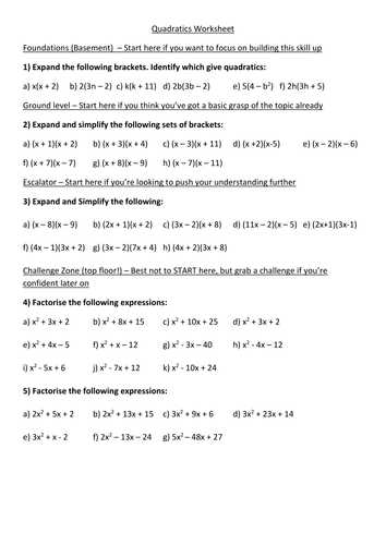 expanding expansion and factorisation of quadratics differentiated worksheet answers teaching resources