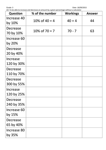 Increase and decrease amount by a percentage non-calculator | Teaching