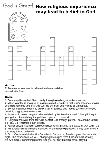 How religious experience may lead to belief in God Crossword by sfy773