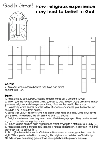 How religious experience may lead to belief in God Crossword