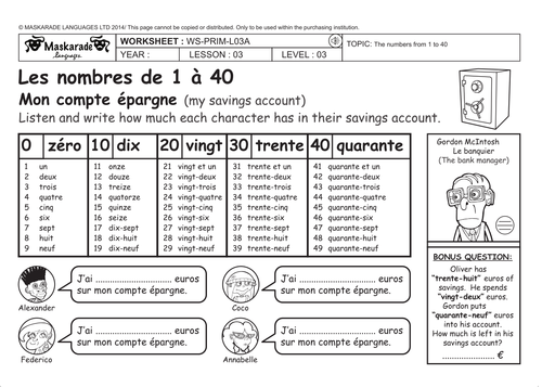 FRENCH-Y5/6: ABOUT YOU-Numbers 0 to 40/Les nombres de 0 à 40-/My savings account/Mon compte épargne